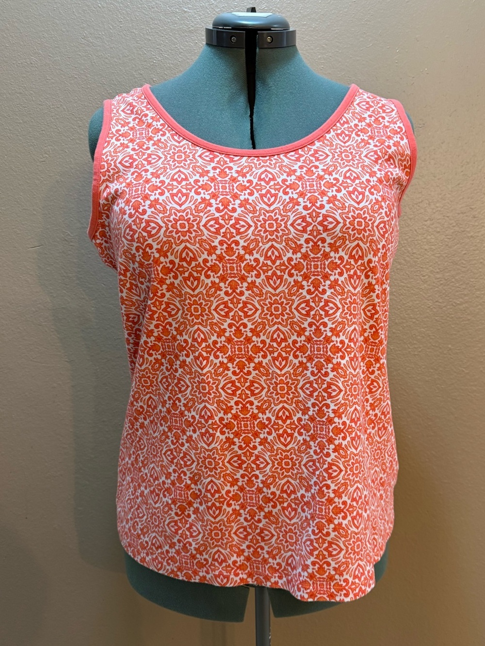 Lands' End Women's Geometric Floral Tank Top Coral White Sleeveless Knit 1X